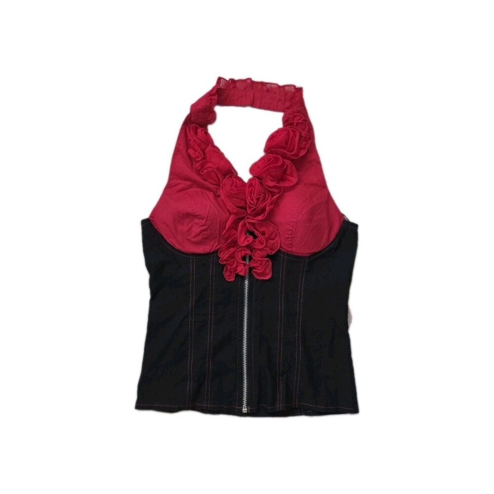 Lydia Womens M Red Black Halter Corset Top Floral Rosette Y2K Zip Front GUC
